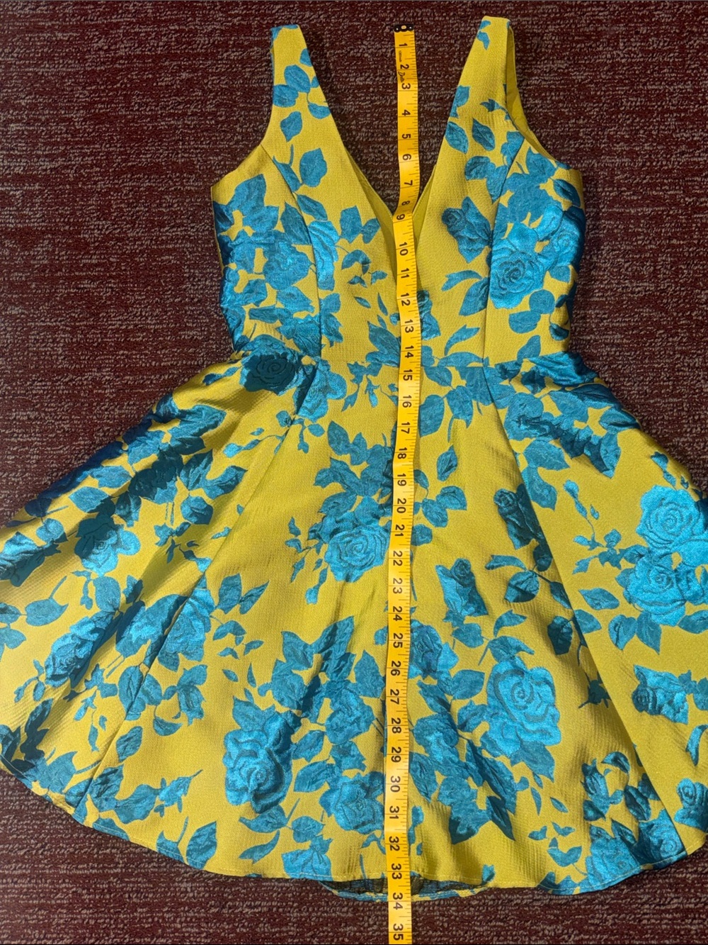 Ieena dress deep v low back skater skirt damask chartreuse pleated full skirt 2 - Picture 10 of 12